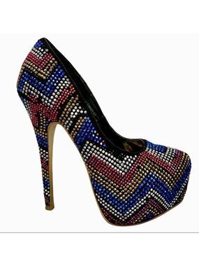 𝅺MASCOTTE red blue gold silver rhinestone embellished high heel platform pumps 7